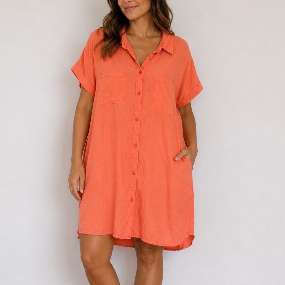 Wonderly Lyocell Shirt Dress XL Coral Button Front Collared Pockets‎ Casual